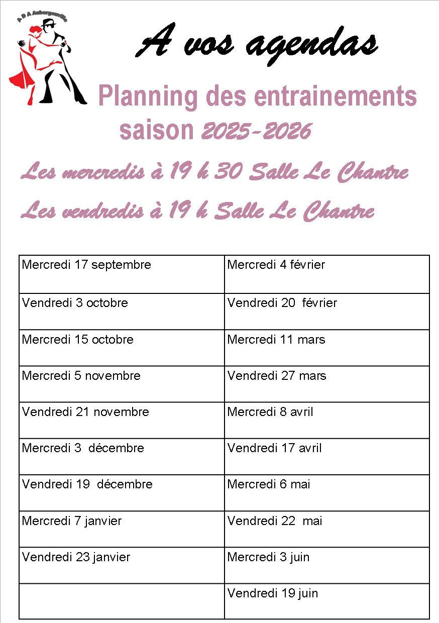 Planning des entrainements saison 2025/2026