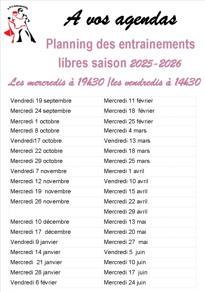 Planning agenda entrainements libres 2025