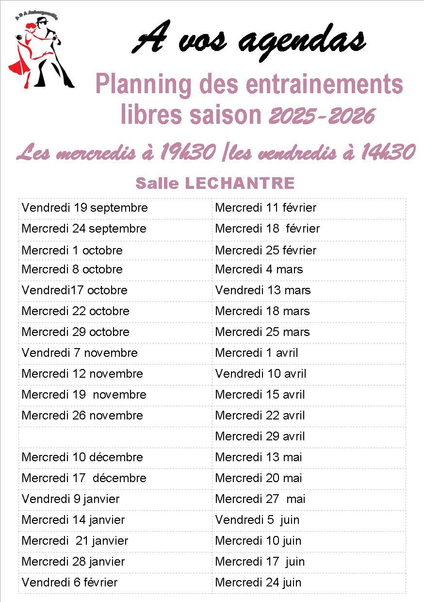 Planning entrainements libres 2025